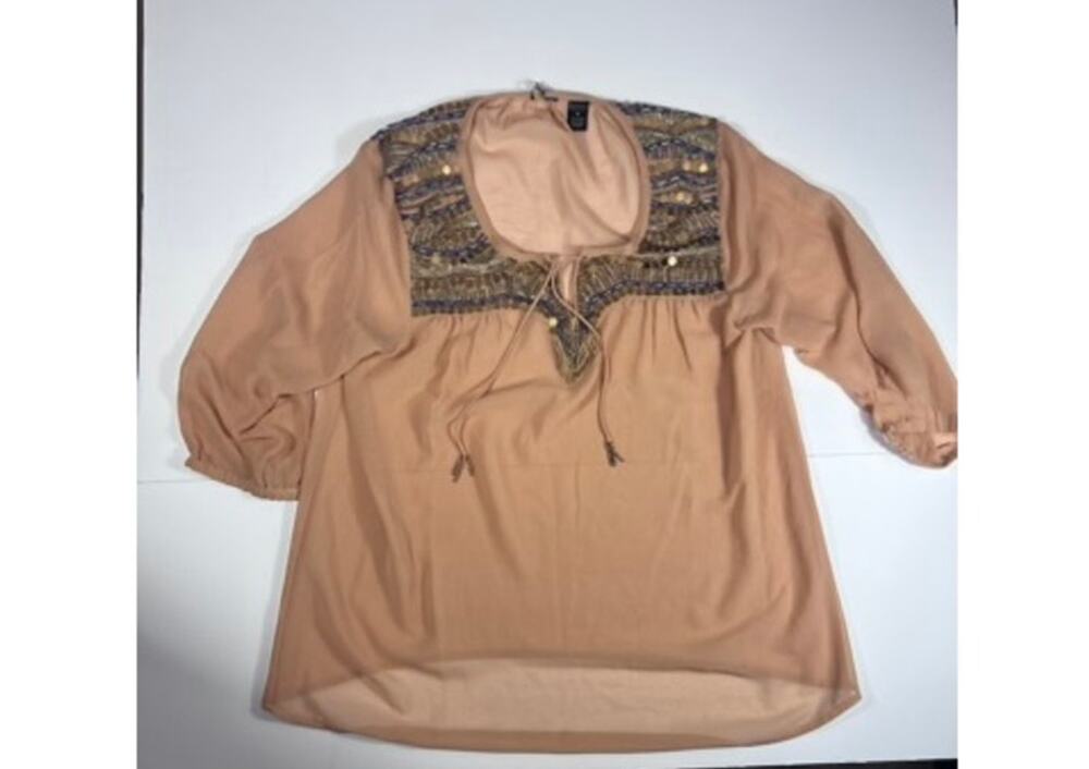 BKE Boutique Beaded Sequin Boho Blouse M Tan Nude Viscose Sheer Chiffon Top